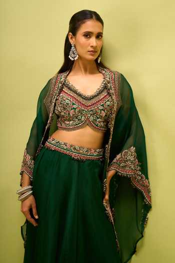 Buy Prisho Green Open Neck, Embroidered Cape And Skirt Set Buy_Prisho_Green Open Neck, Embroidered Cape And Skirt Set