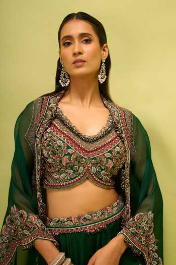 Shop Prisho Green Open Neck, Embroidered Cape And Skirt Set Shop_Prisho_Green Open Neck, Embroidered Cape And Skirt Set