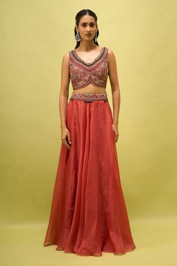 Prisho_Coral Open , Sweetheart Embroidered Cape And Skirt Set _Online_at_Aza_Fashions