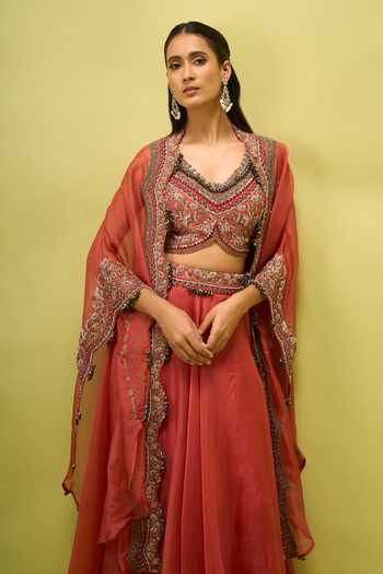 Shop_Prisho_Coral Open , Sweetheart Embroidered Cape And Skirt Set _Online_at_Aza_Fashions