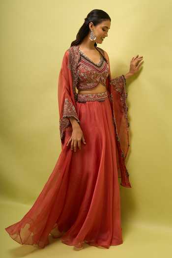 Prisho_Coral Open , Sweetheart Embroidered Cape And Skirt Set _at_Aza_Fashions