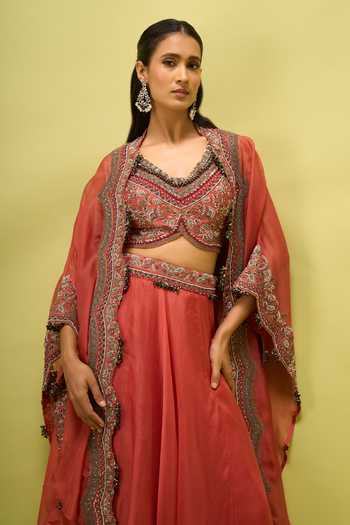 Buy_Prisho_Coral Open , Sweetheart Embroidered Cape And Skirt Set 