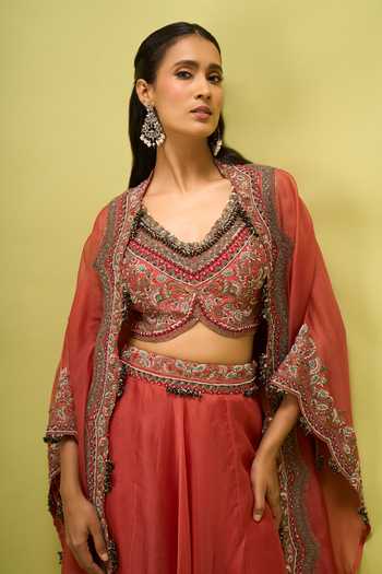 Shop_Prisho_Coral Open , Sweetheart Embroidered Cape And Skirt Set 