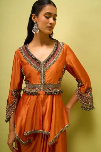 Prisho_Orange Embroidery V-neck Peplum Top And Draped Skirt Set _Online_at_Aza_Fashions