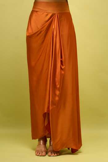 Buy_Prisho_Orange Embroidery V-neck Peplum Top And Draped Skirt Set _Online_at_Aza_Fashions