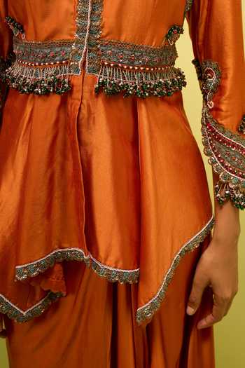 Shop_Prisho_Orange Embroidery V-neck Peplum Top And Draped Skirt Set _Online_at_Aza_Fashions