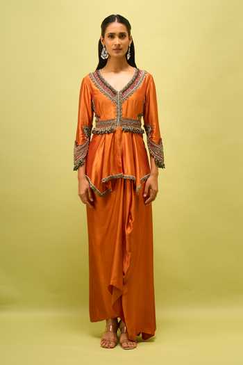 Prisho_Orange Embroidery V-neck Peplum Top And Draped Skirt Set _at_Aza_Fashions