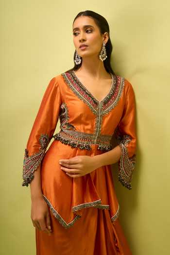 Shop_Prisho_Orange Embroidery V-neck Peplum Top And Draped Skirt Set 