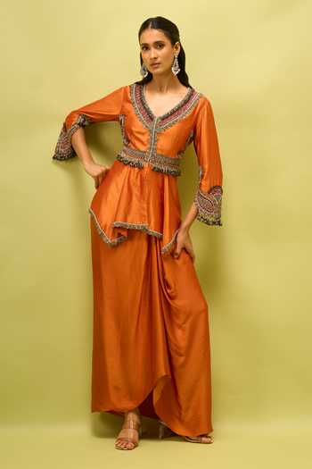 Prisho Embroidered Peplum Top & Draped Skirt Set