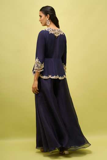 Prisho Blue Embroidery, Zari V-neck Peplum Top And Palazzo Set Online at Aza Fashions Prisho_Blue Embroidery, Zari V-neck Peplum Top And Palazzo Set _Online_at_Aza_Fashions