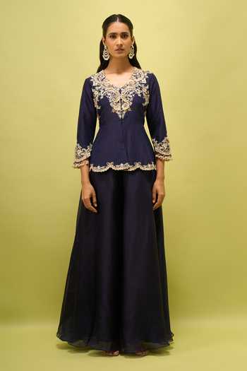 Buy Prisho Blue Embroidery, Zari V-neck Peplum Top And Palazzo Set Online at Aza Fashions Buy_Prisho_Blue Embroidery, Zari V-neck Peplum Top And Palazzo Set _Online_at_Aza_Fashions
