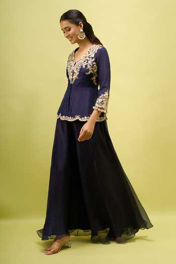 Shop Prisho Blue Embroidery, Zari V-neck Peplum Top And Palazzo Set Online at Aza Fashions Shop_Prisho_Blue Embroidery, Zari V-neck Peplum Top And Palazzo Set _Online_at_Aza_Fashions
