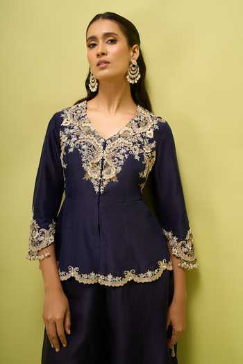 Prisho Blue Embroidery, Zari V-neck Peplum Top And Palazzo Set at Aza Fashions Prisho_Blue Embroidery, Zari V-neck Peplum Top And Palazzo Set _at_Aza_Fashions