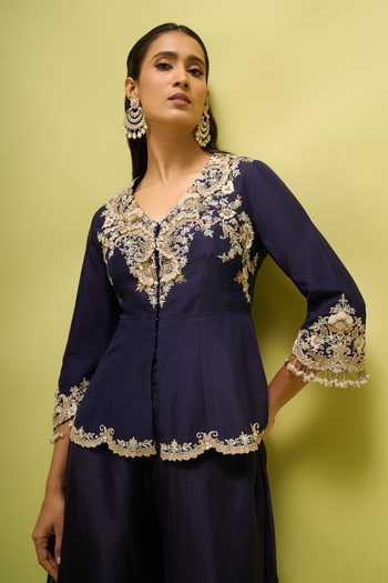 Buy Prisho Blue Embroidery, Zari V-neck Peplum Top And Palazzo Set Buy_Prisho_Blue Embroidery, Zari V-neck Peplum Top And Palazzo Set