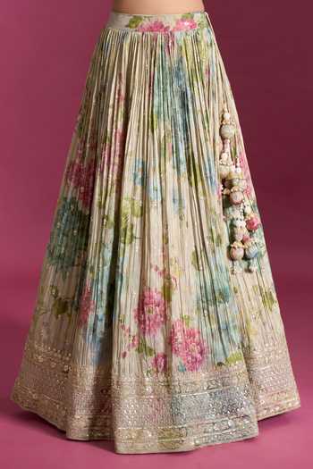 Buy Aariyana Couture Multicolor Sweetheart Neck Floral Print Pleated Lehenga Set Online at Aza Fashions Buy_Aariyana Couture_Multicolor Sweetheart Neck Floral Print Pleated Lehenga Set _Online_at_Aza_Fashions