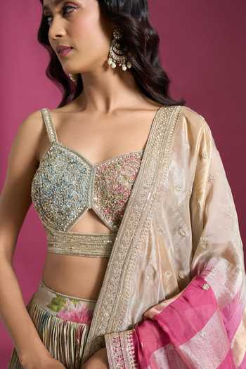 Shop Aariyana Couture Multicolor Sweetheart Neck Floral Print Pleated Lehenga Set Online at Aza Fashions Shop_Aariyana Couture_Multicolor Sweetheart Neck Floral Print Pleated Lehenga Set _Online_at_Aza_Fashions