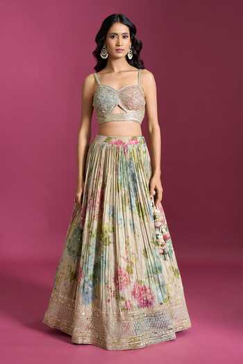 Shop Aariyana Couture Multicolor Sweetheart Neck Floral Print Pleated Lehenga Set Shop_Aariyana Couture_Multicolor Sweetheart Neck Floral Print Pleated Lehenga Set