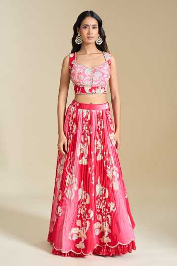 Aariyana Couture_Pink Sweetheart Neck Printed Lehenga Blouse Set _Online_at_Aza_Fashions