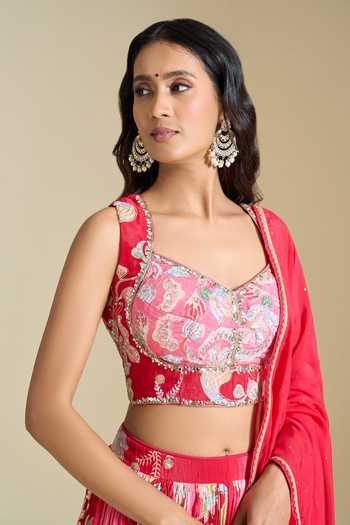 Shop_Aariyana Couture_Pink Sweetheart Neck Printed Lehenga Blouse Set _Online_at_Aza_Fashions