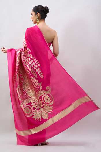 Mint N Oranges Floral Woven Saree With Unstitched Blouse Piece 