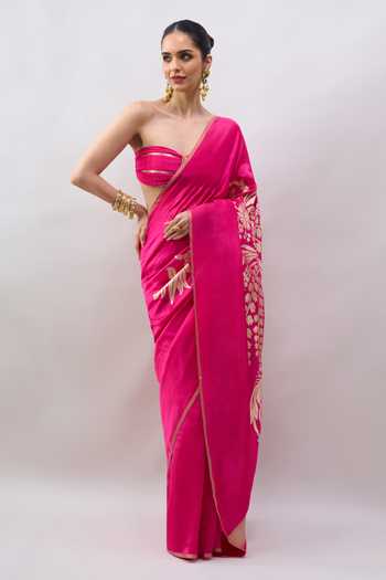 Shop Mint N Oranges Pink Silk Floral Woven Saree With Unstitched Blouse Piece Online at Aza Fashions Shop_Mint N Oranges_Pink Silk Floral Woven Saree With Unstitched Blouse Piece _Online_at_Aza_Fashions