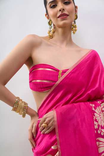 Shop Mint N Oranges Pink Silk Floral Woven Saree With Unstitched Blouse Piece Shop_Mint N Oranges_Pink Silk Floral Woven Saree With Unstitched Blouse Piece