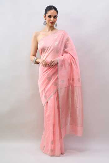 Buy_Mint N Oranges_Peach Chanderi Handwoven Pure Saree With Running Blouse _Online_at_Aza_Fashions
