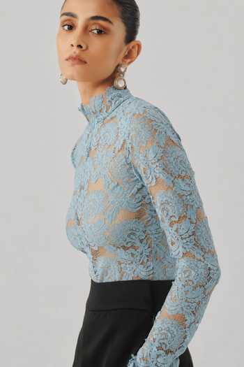 Aroka Sky Blue Cut Work, High Neck Muse Embellished Bodysuit Online at Aza Fashions Aroka_Sky Blue Cut Work, High Neck Muse Embellished Bodysuit _Online_at_Aza_Fashions
