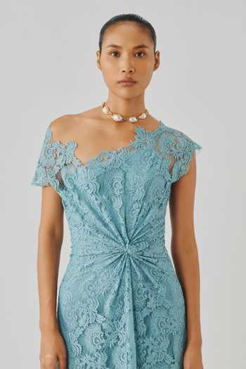 Aroka Sky Blue Satin, Modal, Lace Asymmetric Neck Arnaz Dress Online at Aza Fashions Aroka_Sky Blue Satin, Modal, Lace Asymmetric Neck Arnaz Dress _Online_at_Aza_Fashions