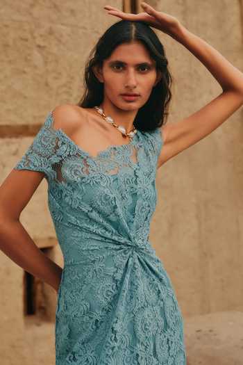 Buy Aroka Sky Blue Satin, Modal, Lace Asymmetric Neck Arnaz Dress Online at Aza Fashions Buy_Aroka_Sky Blue Satin, Modal, Lace Asymmetric Neck Arnaz Dress _Online_at_Aza_Fashions