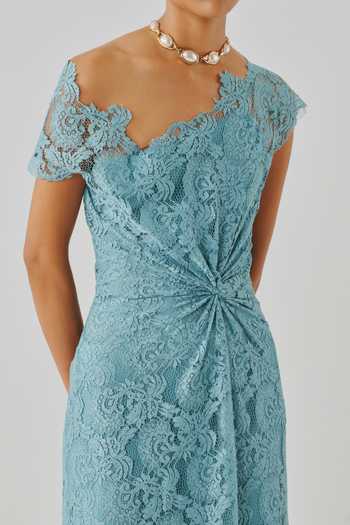 Aroka Sky Blue Satin, Modal, Lace Asymmetric Neck Arnaz Dress at Aza Fashions Aroka_Sky Blue Satin, Modal, Lace Asymmetric Neck Arnaz Dress _at_Aza_Fashions
