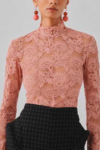 Shop Aroka Pink Cut Work, High Neck Muse Embellished Bodysuit Online at Aza Fashions Shop_Aroka_Pink Cut Work, High Neck Muse Embellished Bodysuit _Online_at_Aza_Fashions