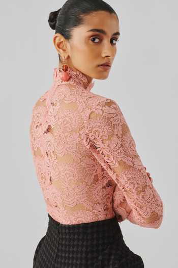 Aroka Pink Cut Work, High Neck Muse Embellished Bodysuit at Aza Fashions Aroka_Pink Cut Work, High Neck Muse Embellished Bodysuit _at_Aza_Fashions