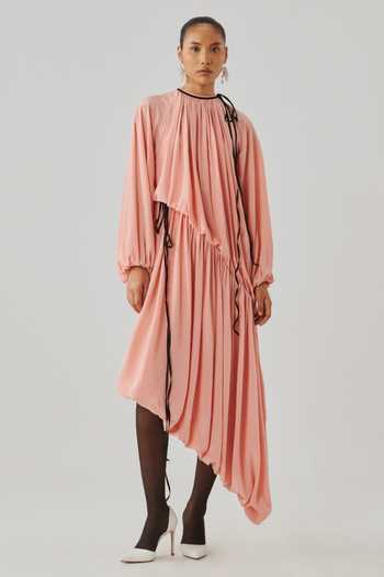 Aroka Pink Silk, Crepe High Neck Sakura Gathered Dress Online at Aza Fashions Aroka_Pink Silk, Crepe High Neck Sakura Gathered Dress _Online_at_Aza_Fashions