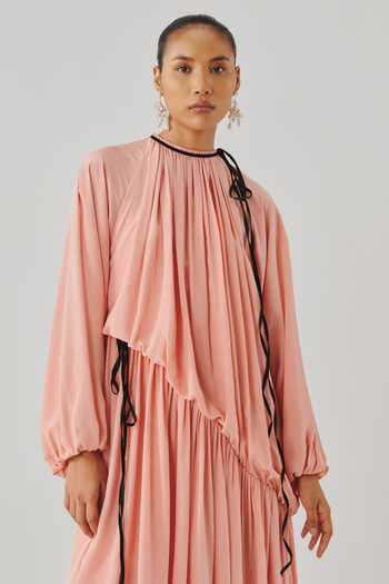 Shop Aroka Pink Silk, Crepe High Neck Sakura Gathered Dress Online at Aza Fashions Shop_Aroka_Pink Silk, Crepe High Neck Sakura Gathered Dress _Online_at_Aza_Fashions