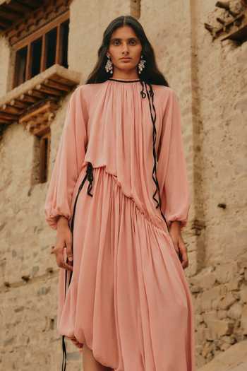 Aroka Pink Silk, Crepe High Neck Sakura Gathered Dress at Aza Fashions Aroka_Pink Silk, Crepe High Neck Sakura Gathered Dress _at_Aza_Fashions