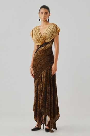 Aroka Gold Velvet V-neck Zarina Ajrakh Dress Online at Aza Fashions Aroka_Gold Velvet V-neck Zarina Ajrakh Dress _Online_at_Aza_Fashions