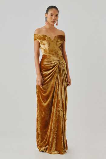 Aroka Molten Gold Off Shoulder Dress 