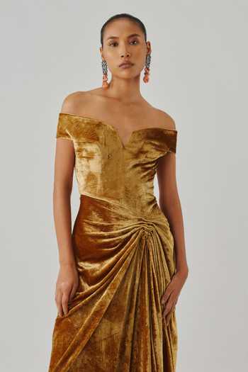 Buy Aroka Gold Velvet Off-shoulder Molten Off Dress Online at Aza Fashions Buy_Aroka_Gold Velvet Off-shoulder Molten Off Dress _Online_at_Aza_Fashions