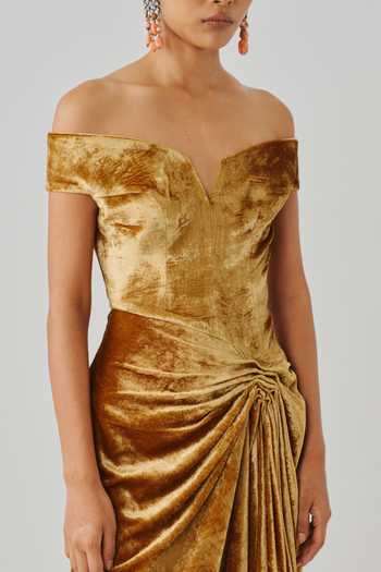 Shop Aroka Gold Velvet Off-shoulder Molten Off Dress Online at Aza Fashions Shop_Aroka_Gold Velvet Off-shoulder Molten Off Dress _Online_at_Aza_Fashions