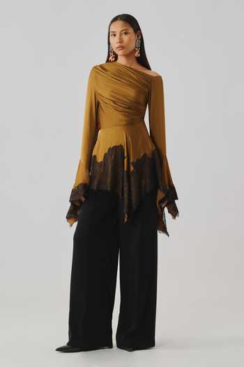 Aroka_Gold Satin, Modal, Lace, Chantilly One Shoulder, Asymmetric Olivia Draped Top _Online_at_Aza_Fashions