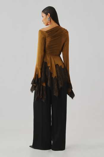 Buy_Aroka_Gold Satin, Modal, Lace, Chantilly One Shoulder, Asymmetric Olivia Draped Top _Online_at_Aza_Fashions