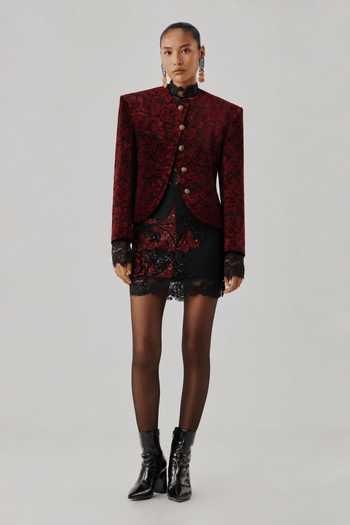 Aroka Maroon Velvet Mandarin Collar Highland Bloom Ajrakh Jacket Online at Aza Fashions Aroka_Maroon Velvet Mandarin Collar Highland Bloom Ajrakh Jacket _Online_at_Aza_Fashions