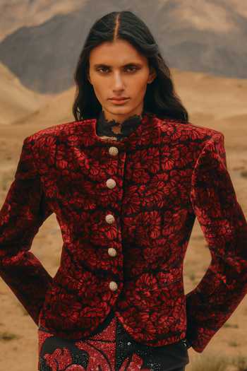 Buy Aroka Maroon Velvet Mandarin Collar Highland Bloom Ajrakh Jacket Online at Aza Fashions Buy_Aroka_Maroon Velvet Mandarin Collar Highland Bloom Ajrakh Jacket _Online_at_Aza_Fashions