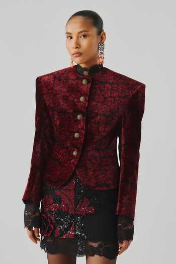 Shop Aroka Maroon Velvet Mandarin Collar Highland Bloom Ajrakh Jacket Online at Aza Fashions Shop_Aroka_Maroon Velvet Mandarin Collar Highland Bloom Ajrakh Jacket _Online_at_Aza_Fashions