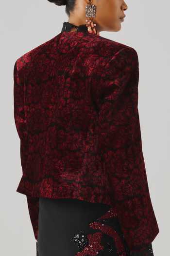 Aroka Maroon Velvet Mandarin Collar Highland Bloom Ajrakh Jacket at Aza Fashions Aroka_Maroon Velvet Mandarin Collar Highland Bloom Ajrakh Jacket _at_Aza_Fashions