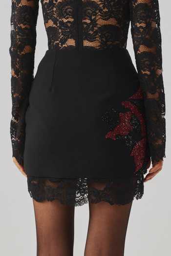 Aroka Black Crepe, Lace Wild Rose Embroidered Mini Skirt Online at Aza Fashions Aroka_Black Crepe, Lace Wild Rose Embroidered Mini Skirt _Online_at_Aza_Fashions