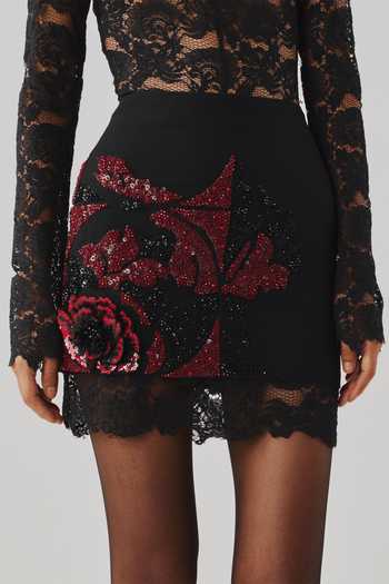 Shop Aroka Black Crepe, Lace Wild Rose Embroidered Mini Skirt Online at Aza Fashions Shop_Aroka_Black Crepe, Lace Wild Rose Embroidered Mini Skirt _Online_at_Aza_Fashions