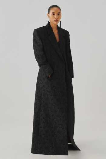 Aroka Black Jacquard Collared Neck After Dark Long Coat Online at Aza Fashions Aroka_Black Jacquard Collared Neck After Dark Long Coat _Online_at_Aza_Fashions