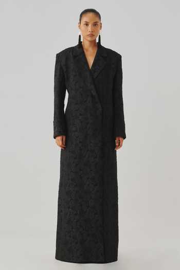 Shop Aroka Black Jacquard Collared Neck After Dark Long Coat Online at Aza Fashions Shop_Aroka_Black Jacquard Collared Neck After Dark Long Coat _Online_at_Aza_Fashions